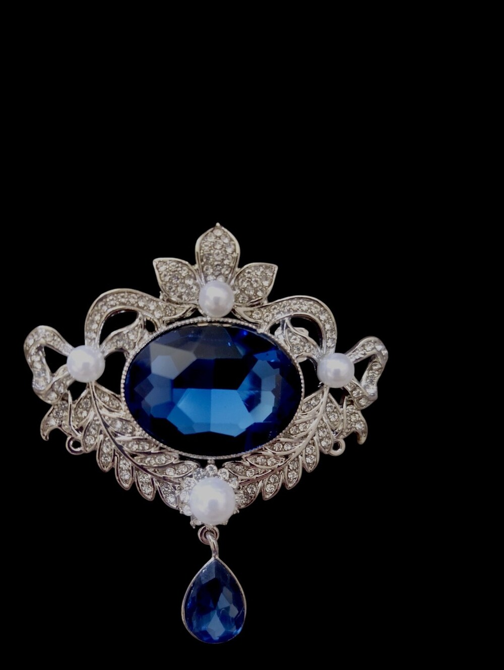 Ornate Blue Crystal Drop  Brooch